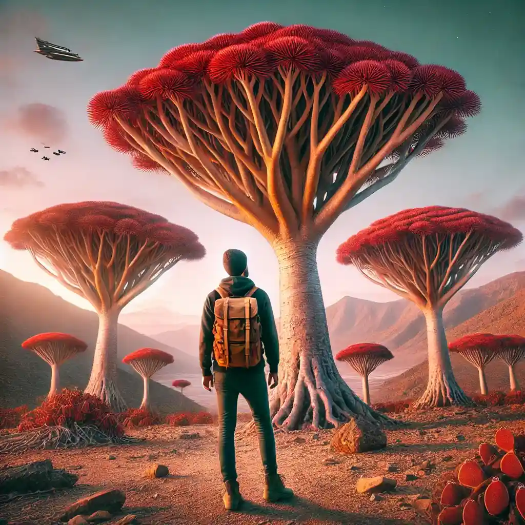 a solo traveler standing in front of the Dragon’s Blood Trees on the Diksam Plateau in Socotra, Yemen