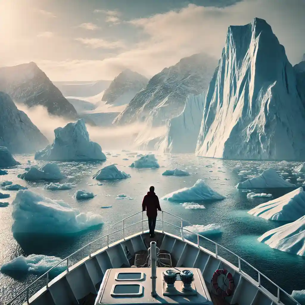 a solo traveler standing on a boat, surrounded by massive icebergs in Ilulissat, Greenland. The traveler shoul