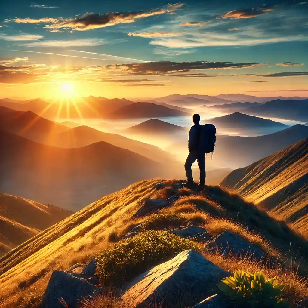 a solo traveler standing on a mountain peak, overlooking a vast, breathtaking landscape at sunrise