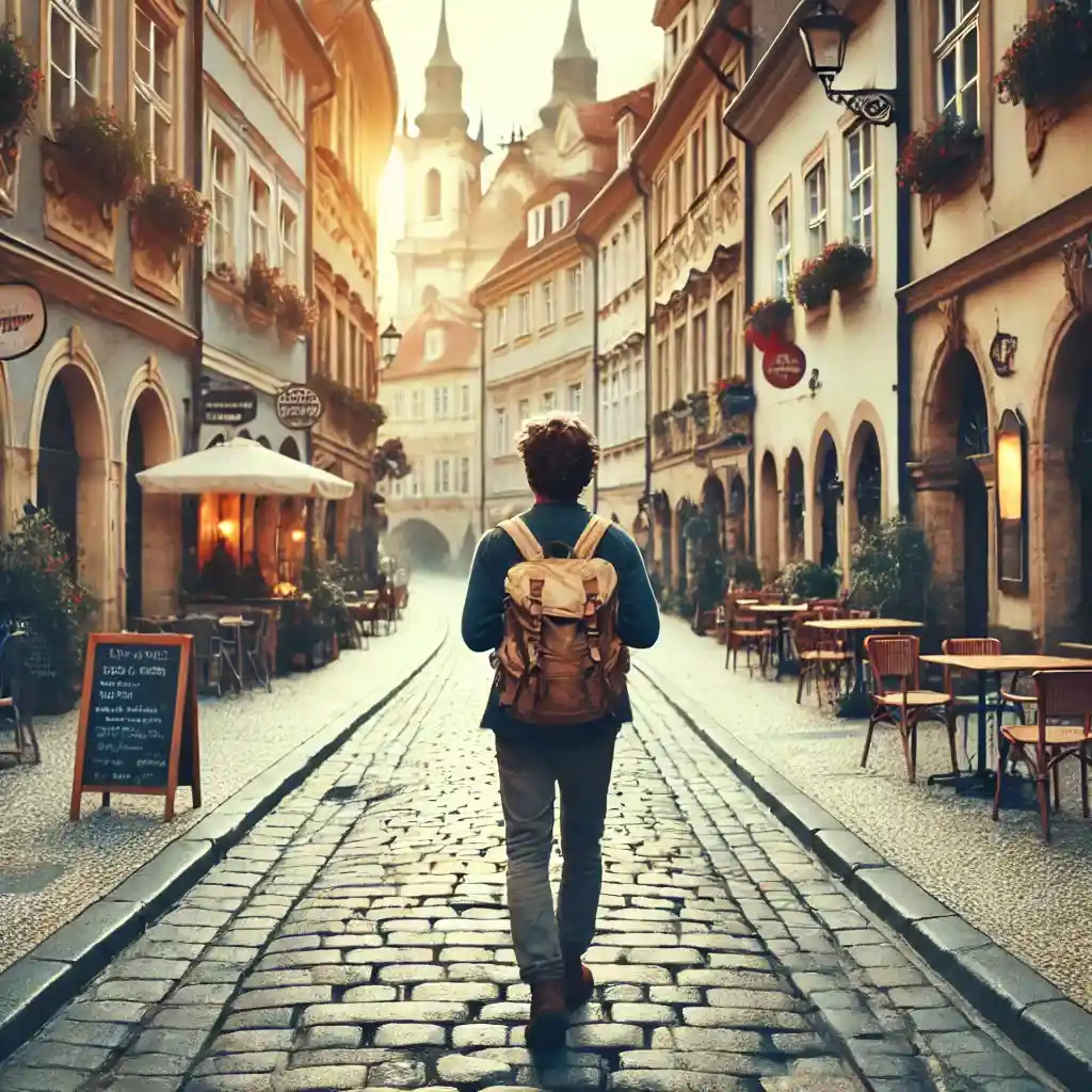 a solo traveler walking down a quaint, cobblestone street in an old European city, enjoying the charming atmos