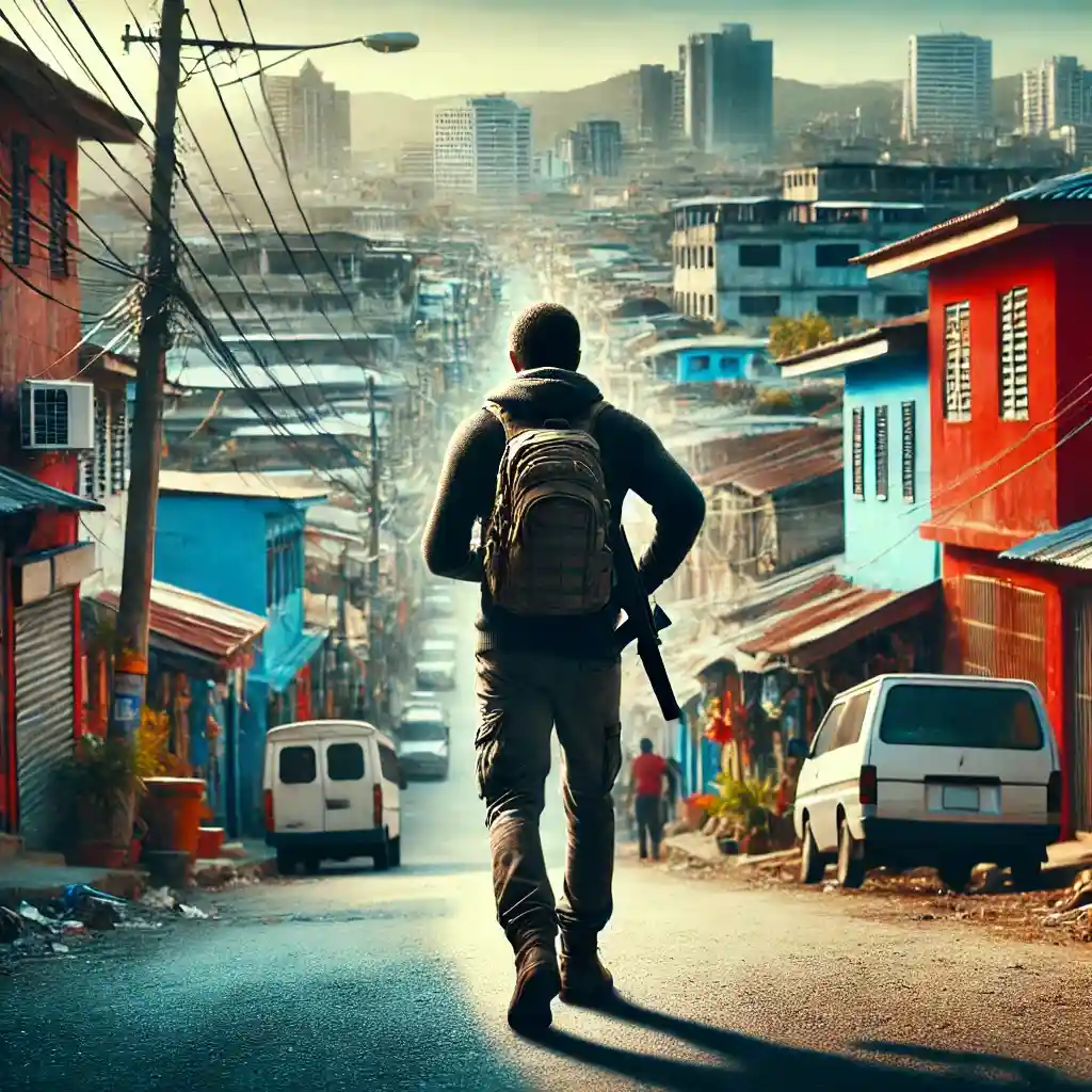 a solo traveler walking through a dangerous neighborhood in Kingston, Jamaica, with a sense of caution and ale