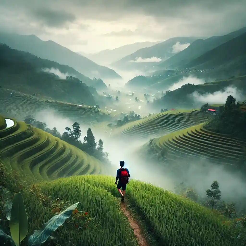 a solo traveler walking through the misty, terraced rice fields of Sapa, Vietnam. The traveler should be surro