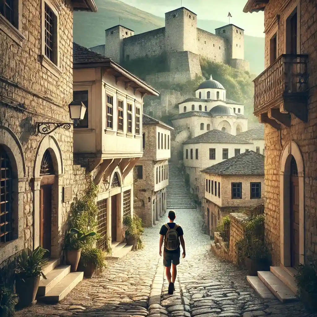 a solo traveler wandering through the cobbled streets of Gjirokastër, Albania, with its well-preserved Ottoman