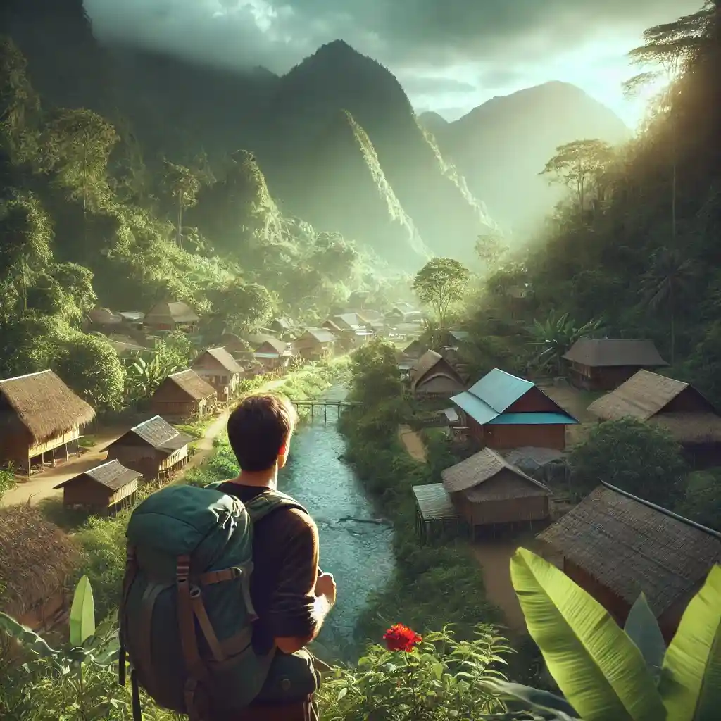 a solo traveler with a backpack, exploring a remote village nestled in the mountains, surrounded by lush green