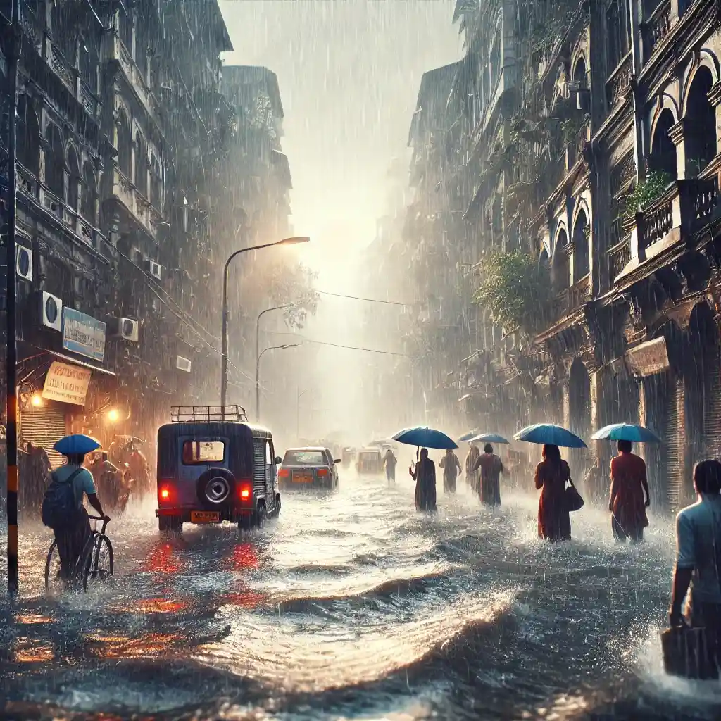 a street in Mumbai, India, during the monsoon season. The scene should show heavy rain, flooded streets
