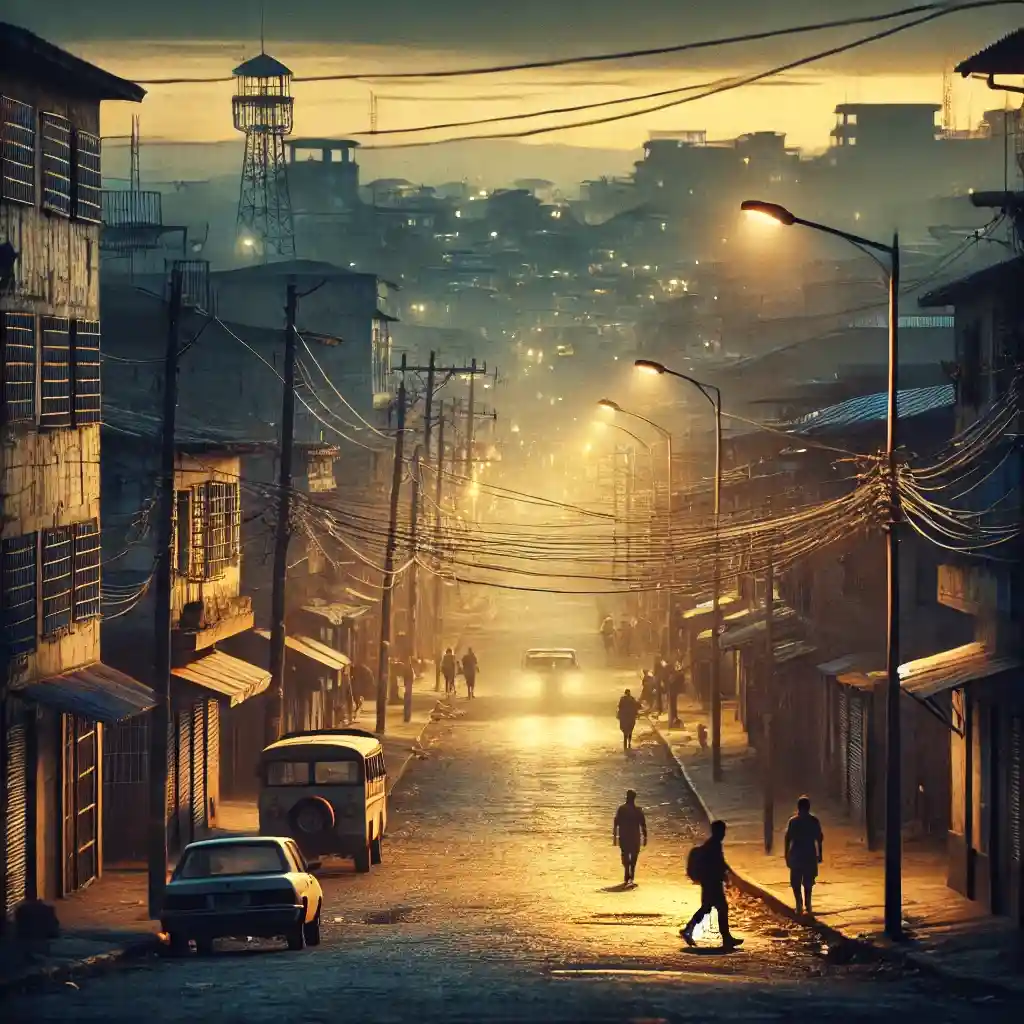 a street in San Pedro Sula, Honduras, during dusk. The scene should evoke a sense of caution and insecurity