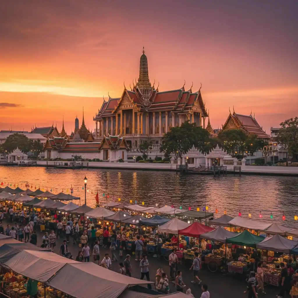 Bangkok Grand Palace at sunset with Chao Phraya River and night market – most visited destinations in the world 2024