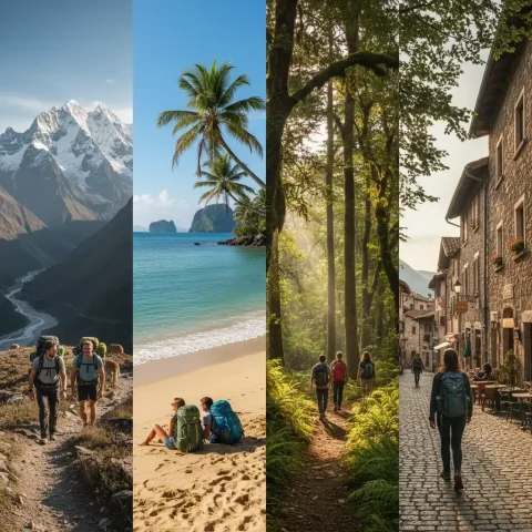 Backpackers exploring the world's best routes 2024 through Thailand, Peru, and New Zealand – adventure travel panorama