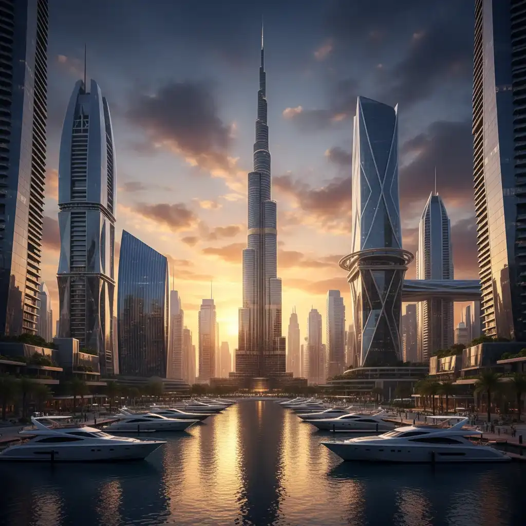 Dubai skyline with Burj Khalifa and marina at golden hour – most visited destinations in the world 2024