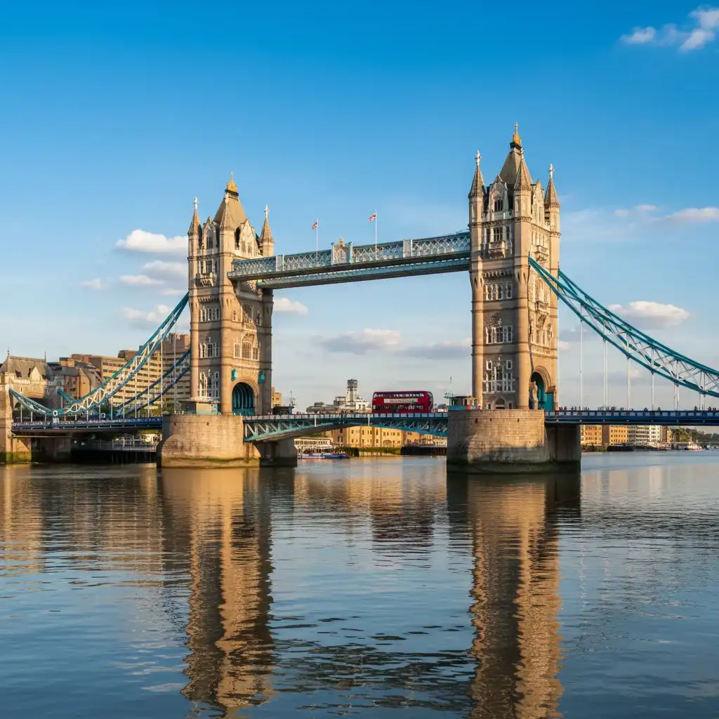 Tower Bridge with red double-decker bus crossing over the Thames – most visited destinations in the world 2024