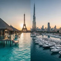Photorealistic view of global luxury travel destinations including Maldives, Dubai, Monaco, and Paris — representing the world’s most expensive tourist spots 2024.