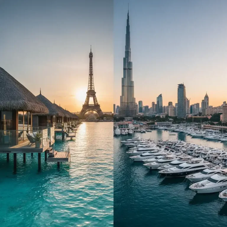 Photorealistic view of global luxury travel destinations including Maldives, Dubai, Monaco, and Paris — representing the world’s most expensive tourist spots 2024.