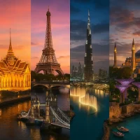 Collage of the most visited destinations in the world 2024 – featuring Bangkok Grand Palace, Eiffel Tower in Paris, London Tower Bridge, Dubai Burj Khalifa, Singapore Marina Bay Sands, Istanbul Hagia Sophia, and Antalya coastline in a panoramic view