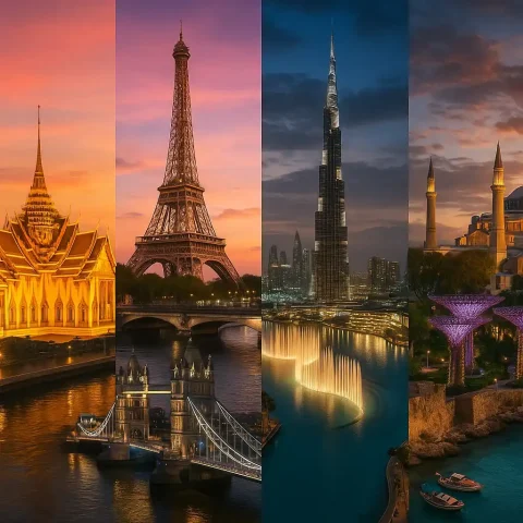 Collage of the most visited destinations in the world 2024 – featuring Bangkok Grand Palace, Eiffel Tower in Paris, London Tower Bridge, Dubai Burj Khalifa, Singapore Marina Bay Sands, Istanbul Hagia Sophia, and Antalya coastline in a panoramic view