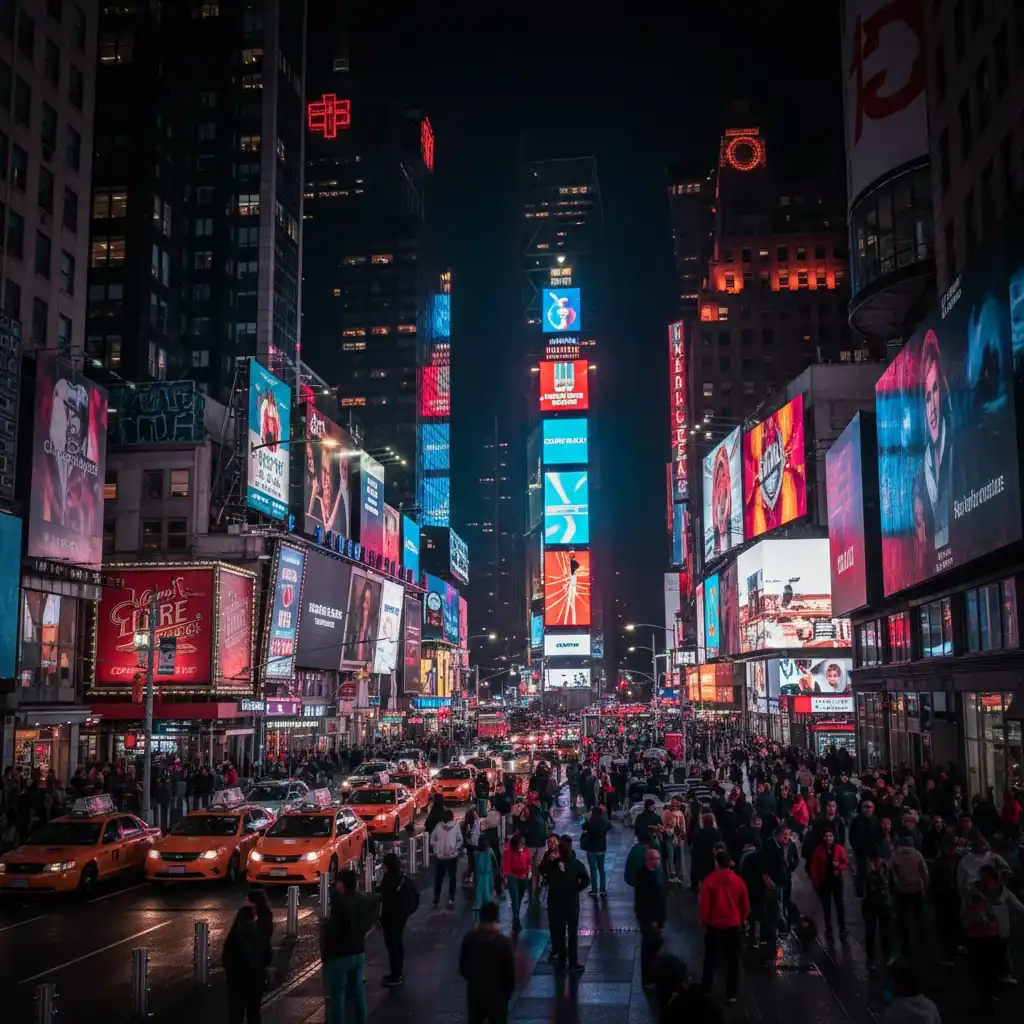 Times Square at night with yellow taxis and neon billboards – most visited destinations in the world 2024