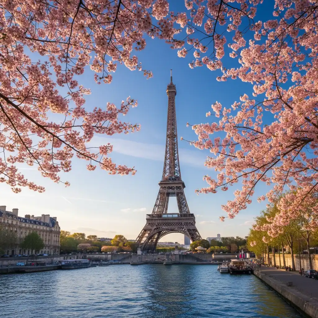 Eiffel Tower in spring with blooming cherry blossoms – most visited destinations in the world 2024
