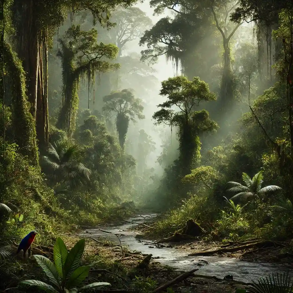 photograph of a dense, misty area of the Amazon Rainforest, featuring thick vegetation, towering trees, and a small river ru