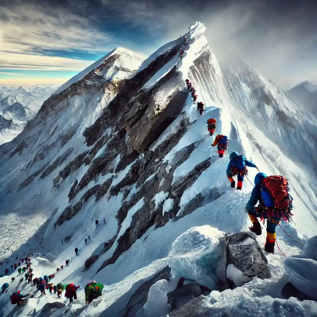 photograph of climbers attempting to scale Mount Everest, Nepal. The scene should capture the harsh, snow-covered mountain