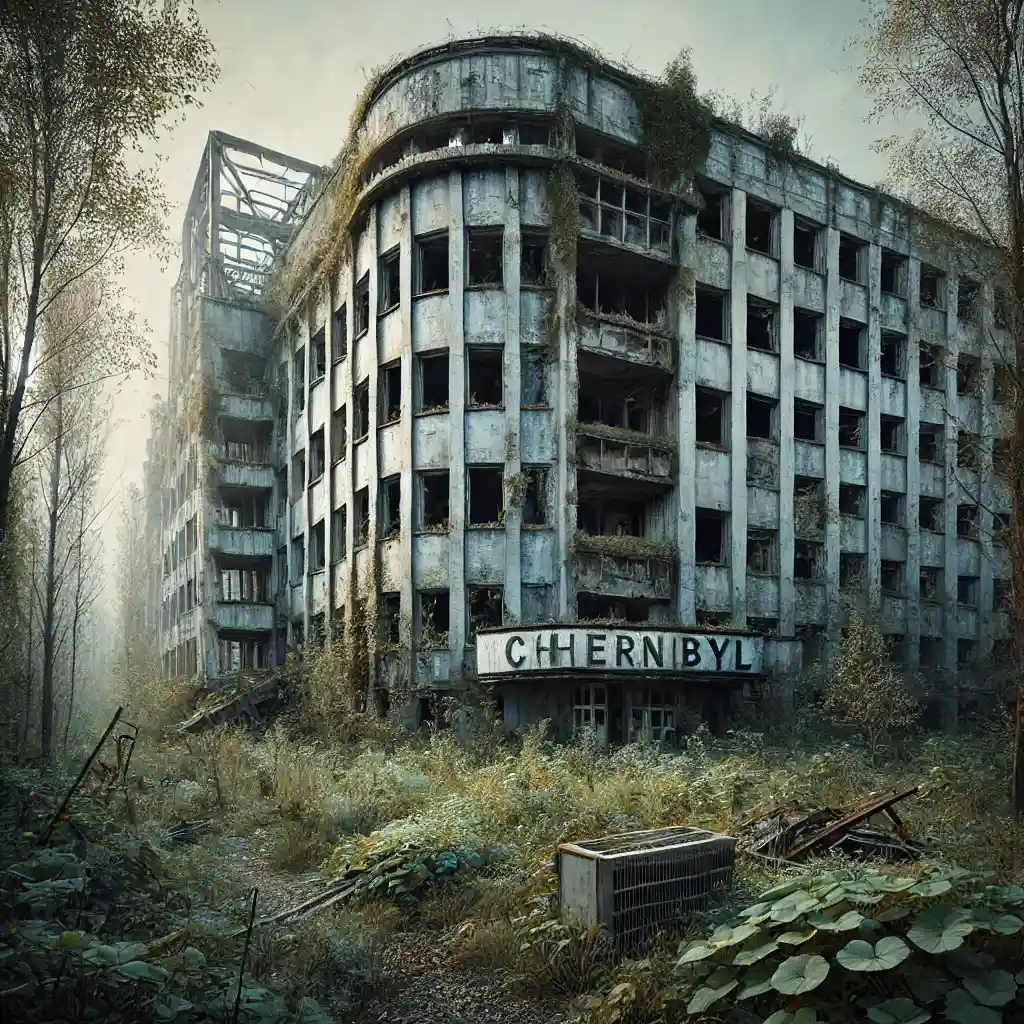 photograph of the Chernobyl Exclusion Zone, Ukraine, featuring an abandoned building surrounded by overgrown vegetation