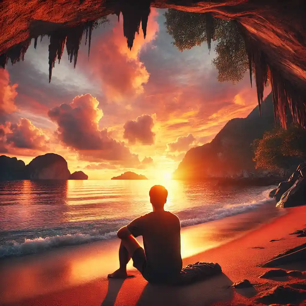 solo traveler enjoying a sunset at a beach, with the sea and sky glowing in vibrant colors