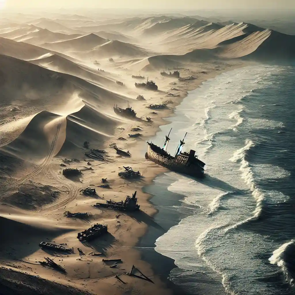 the Skeleton Coast in Namibia, featuring a deserted and harsh coastline with scattered shipwrecks and sand dun